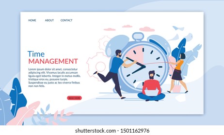 Advertising Flyer is Written Time Management. Registration Internal Documents. Guy with Girl Directs Clock on Large Alarm Clock. Bearded Man Sitting with Laptop on Floor. Vector Illustration.