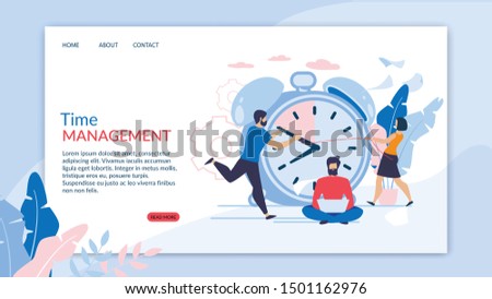 Advertising Flyer is Written Time Management. Registration Internal Documents. Guy with Girl Directs Clock on Large Alarm Clock. Bearded Man Sitting with Laptop on Floor. Vector Illustration.