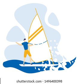 Advertising Flyer Yachting in Summer at Sea Flat. Vector Illustration. Banner Active Summer Vacation at Sea. Athlete Standing Manages Boat with Sail. Man Windsurfing Relax Leisure.