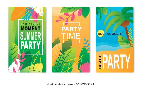 Advertising Flyers Set Inviting to Summer Party. Invitation Cards, Mobile Promotion Banners Offering Best Summertime Recreation. Enjoy Every Moment. Vector Flat Illustration with Palms and Foliage