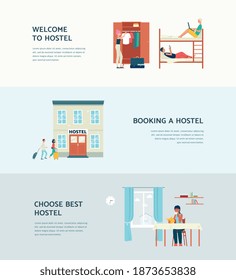 Advertising flyers or social media posts for hostels, flat vector illustration. Horizontal banners for hosting establishment with people staying in hostel for lodging.
