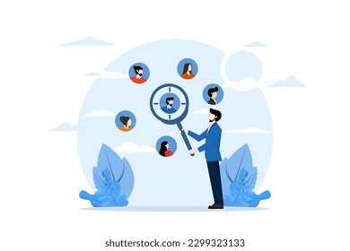 advertising focus group concept, customer centric marketing strategy to design products and services, UX user experience, entrepreneur with magnifying glass focus on customers, users or people.