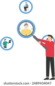 advertising focus group concept, customer-centric marketing strategy to design products and services, UX user experience, entrepreneur with magnifying glass focus on customers, users or people.