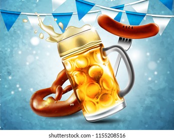 Advertising food and drink elements for traditional beer festival Oktoberfest. Beer mug, sausage and pretzel.Highly detailed illustration.
