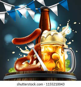 Advertising food and drink elements for traditional beer festival Oktoberfest. Beer mug, sausage and pretzel on special background.Highly detailed illustration.