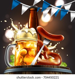 Advertising food and drink elements for traditional beer festival Oktoberfest. Beer glass, sausage and pretzel on special background.Highly detailed illustration.