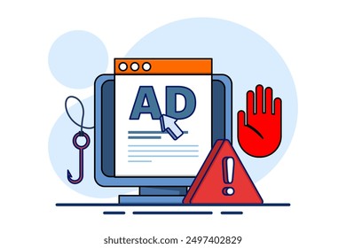 Advertising fraud concept. Ad click fraud, Impression fraud, online fraud with fraudulent activities, loss of Advertising ROI. fake traffic bots in digital marketing ad networks. flat vector.