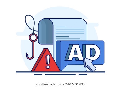 Advertising fraud concept. Ad click fraud, Impression fraud, online fraud with fraudulent activities, loss of Advertising ROI. fake traffic bots in digital marketing ad networks. flat vector.