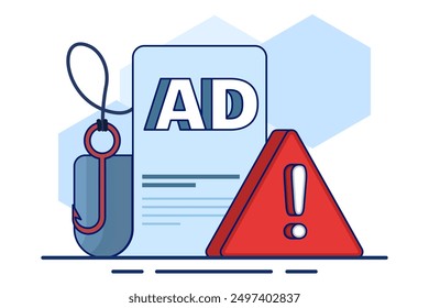 Advertising fraud concept. Ad click fraud, Impression fraud, online fraud with fraudulent activities, loss of Advertising ROI. fake traffic bots in digital marketing ad networks. flat vector.