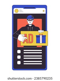 Advertising fraud flat line concept vector spot illustration. Calling for click on ad. Smartphone 2D cartoon outline object on white for web UI design. Cybercrime editable isolated color hero image