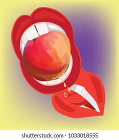 Advertising of fruits. Two pairs of red lips eat a juicy apricot