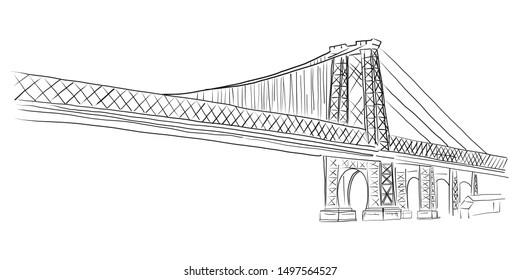 Advertising poster sketch, hand drawn bridge. Huge powerful metal construction. Powerful bonded beams held by cables. Beautiful building. Design is intended for passage vehicles across river.