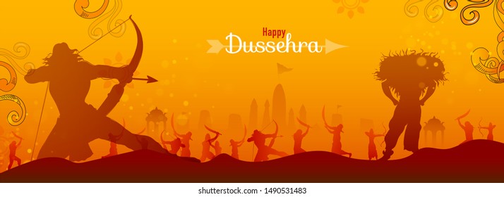 Advertising Happy Dussehra festival banner or header design, Hindu Mythology Lord Rama killed ravana demon with support bajrangbal other warrior on night background.