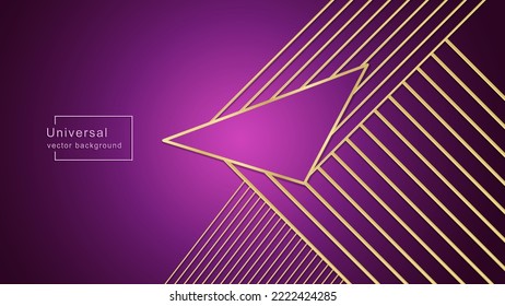 Advertising HD Banner With Gold Abstract Shape And Lines On Magenta And Dark Purple Background. 3D Metal Effect, Minimal Style. Elegant Vector Template For Web Design, Presentation Cover, Coupon.