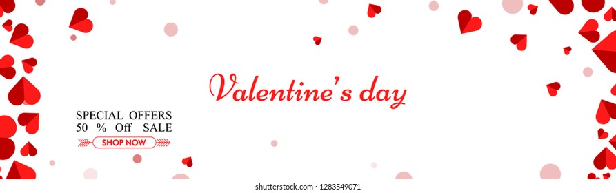 Advertising header or banner design with 50% discount for Valentine's Day sale.
