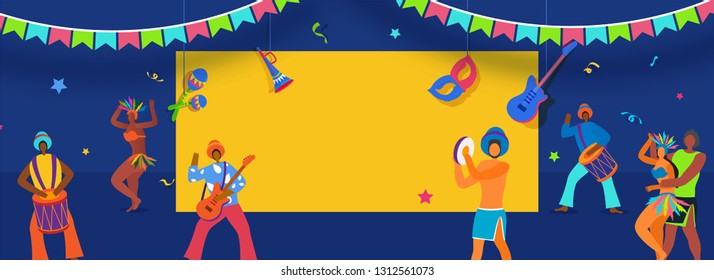 Advertising header or banner design with brazilian people character and musical instruments on blue background.