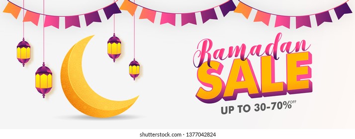 Advertising header or banner design with crescent moon illustration and 30-70% discount offer for Ramadan Sale. 