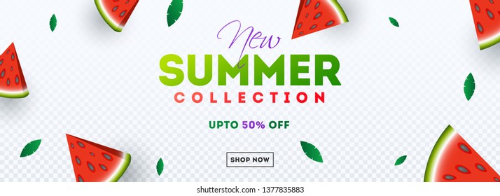 Advertising header or banner design decorated with watermelon slice and 50% discount offer for New Summer Collection.