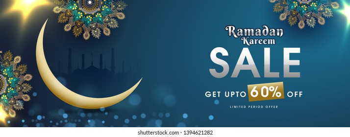 Advertising header or banner design with illustration of crescent moon, mandala patterns and 60% discount offer for Ramadan Kareem Sale.