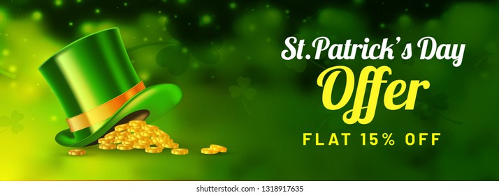 Advertising header or banner design with leprechaun hat, gold coins and 15% discount offer for St. Patrick's Day sale.