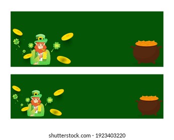 Advertising Header Or Banner Design With Leprechaun Man Character, Treasure Pot And Space For Text On Green Background.