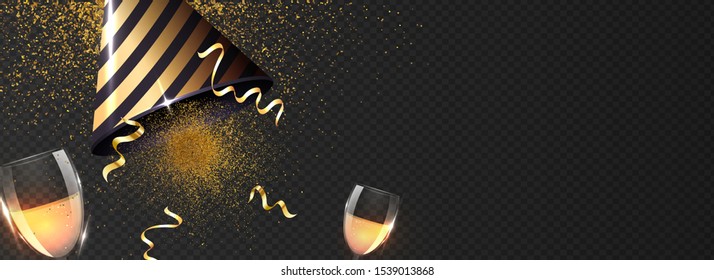 Advertising header or banner design with party hat, wine glasses and glittering effect on black transparent background.
