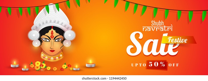 Advertising header or promotional banner design for Shubh (Happy) Navratri Sale with 50% discount offer and Goddess Durga face and illuminated oil lamps on orange background.