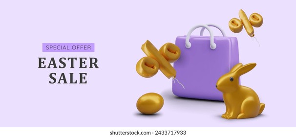 Advertising horizontal banner for Easter sale. Concept in purple and gold color