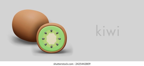 Advertising horizontal concept with 3D kiwi. Ripe sour fruit on gray background