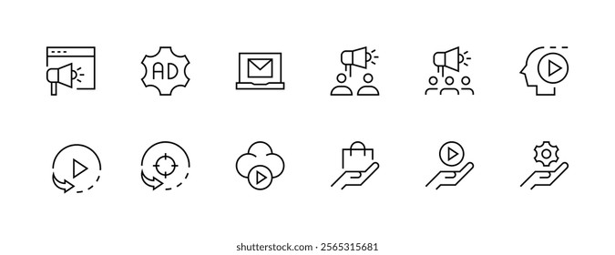 Advertising icon collection. Promotion icon set. Digital marketing, public relations, focus, research, search engine, promote and more. Editable stroke. Pixel Perfect. Grid base 32px.