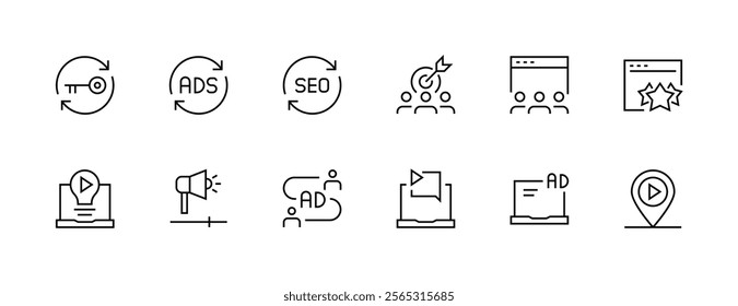 Advertising icon collection. Promotion icon set. Digital marketing, public relations, focus, research, search engine, promote and more. Editable stroke. Pixel Perfect. Grid base 32px.