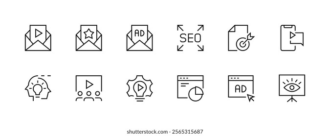 Advertising icon collection. Promotion icon set. Digital marketing, public relations, focus, research, search engine, promote and more. Editable stroke. Pixel Perfect. Grid base 32px.