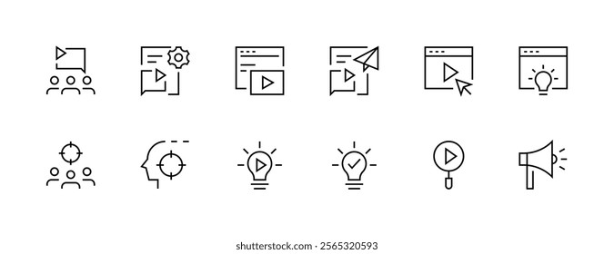 Advertising icon collection. Promotion icon set. Digital marketing, public relations, focus, research, search engine, promote and more. Editable stroke. Pixel Perfect. Grid base 32px.