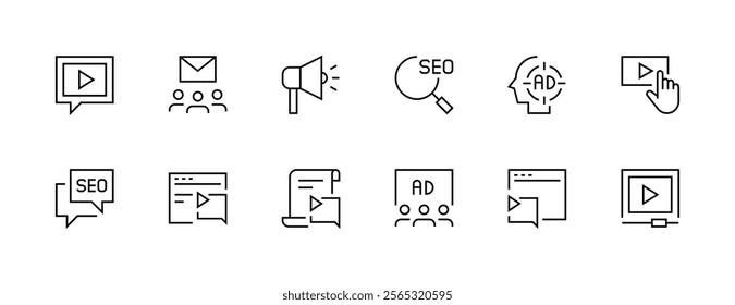 Advertising icon collection. Promotion icon set. Digital marketing, public relations, focus, research, search engine, promote and more. Editable stroke. Pixel Perfect. Grid base 32px.