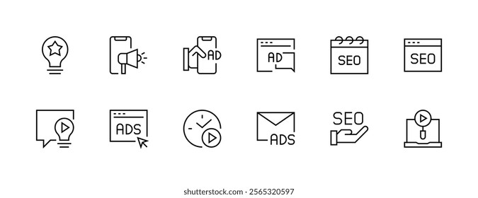 Advertising icon collection. Promotion icon set. Digital marketing, public relations, focus, research, search engine, promote and more. Editable stroke. Pixel Perfect. Grid base 32px.