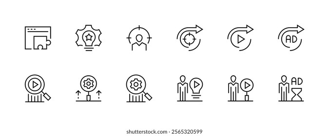 Advertising icon collection. Promotion icon set. Digital marketing, public relations, focus, research, search engine, promote and more. Editable stroke. Pixel Perfect. Grid base 32px.