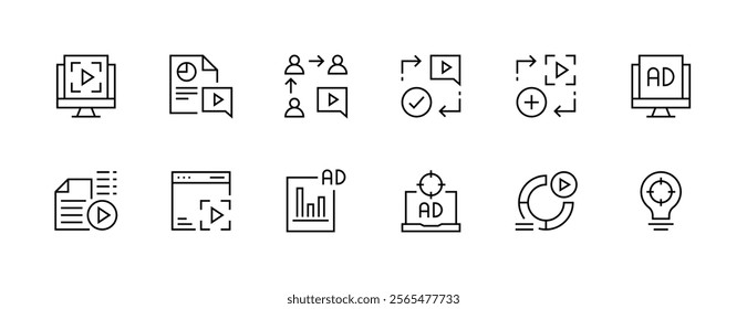 Advertising icon collection. Promotion icon set. Digital marketing, public relations, focus, research, search engine, promote and more. Editable stroke. Pixel Perfect. Grid base 32px.