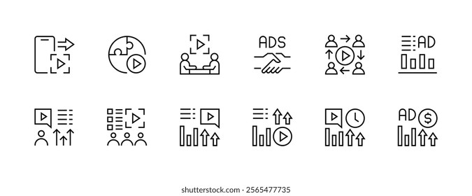 Advertising icon collection. Promotion icon set. Digital marketing, public relations, focus, research, search engine, promote and more. Editable stroke. Pixel Perfect. Grid base 32px.