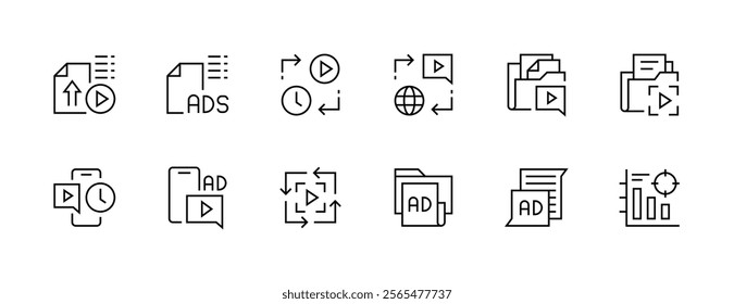 Advertising icon collection. Promotion icon set. Digital marketing, public relations, focus, research, search engine, promote and more. Editable stroke. Pixel Perfect. Grid base 32px.