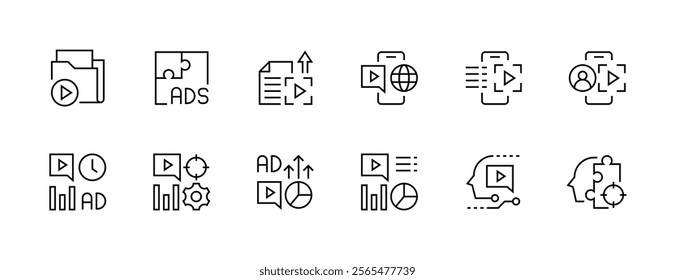 Advertising icon collection. Promotion icon set. Digital marketing, public relations, focus, research, search engine, promote and more. Editable stroke. Pixel Perfect. Grid base 32px.