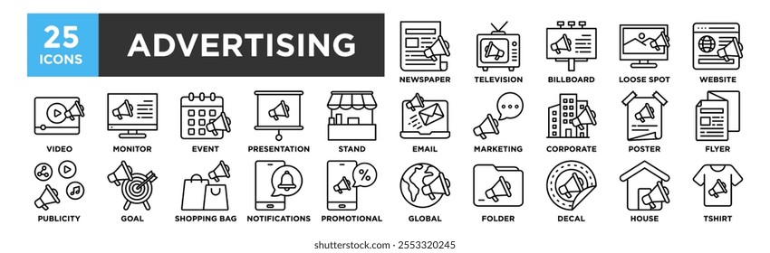 Advertising icon collection set. Containing design Newspaper, Television, Billboard, Loose Spot, Website