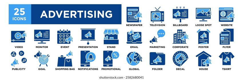 Advertising icon collection set. Containing design Newspaper, Television, Billboard, Loose Spot, Website	