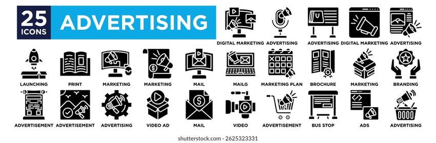 conjunto de coleções de ícones publicitários. Contendo design, Marketing digital, Publicidade, Publicidade, Marketing digital, Publicidade