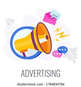 Advertising icon. Creative Advertising and marketing strategy. Communication and promotion. Introduce product. Informing target audience. Brand building. Flat vector illustration.