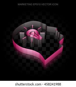 Advertising icon: Crimson 3d Head With Light Bulb made of paper tape on black background, transparent shadow, EPS 10 vector illustration.