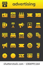 advertising icon set. 26 filled advertising icons.  Simple modern icons about  - ID, Shop, Landing page, Beer box, Coupon, Discount, Stand, Promotion, Influencer, Display, Trifold