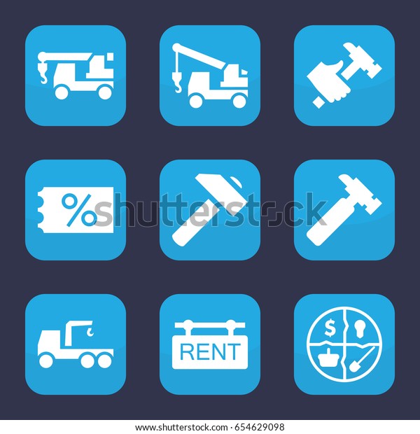Advertising icon. set of 9\
filled advertising icons such as hummer, truck with hook, rent tag,\
marketing