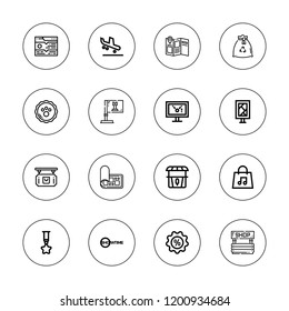 Advertising icon set. collection of 16 outline advertising icons with badge, bag, arrival, billboard, discount, display, landing page, shop, recycling bag, strategy icons.
