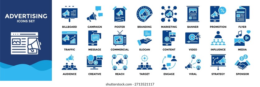 Colección de conjunto de iconos de publicidad. El paquete del icono contiene publicidad, marca, promoción, comercialización, campaña, Anuncio, cartel, volante, cartelera, comercial