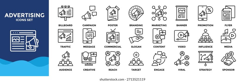Coleção de conjuntos de ícones de anúncio. O pacote de ícones contém publicidade, branding, promoção, marketing, campanha, banner, cartaz, folheto, outdoor, comercial